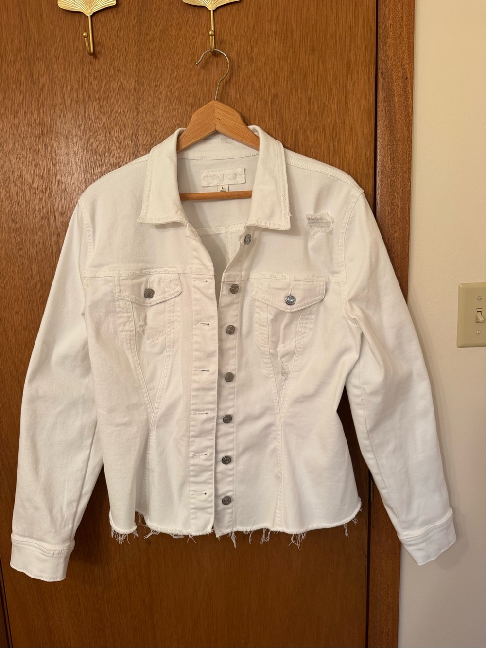 Maurices White Denim Jean Jacket with Distressed Hem - Size Large